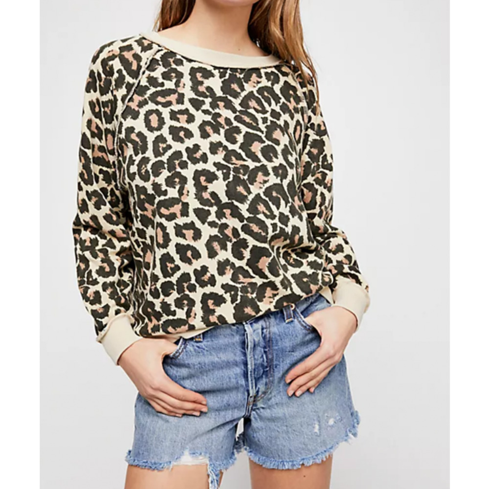 Free People Oversized Go On Get Floral Leopard Print Pullover Sweatshirt